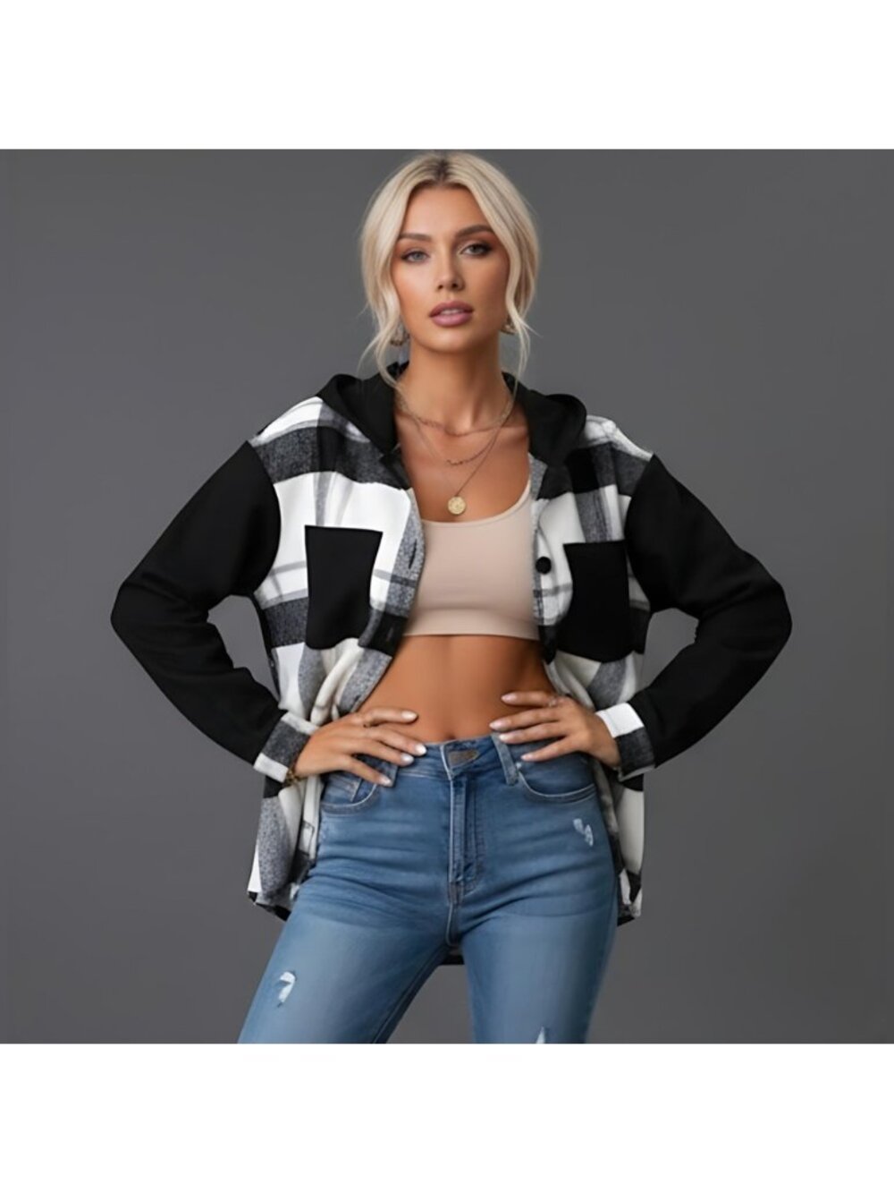 Plaid Print Drop Shoulder Hooded Shirt - Picture 2 of 9